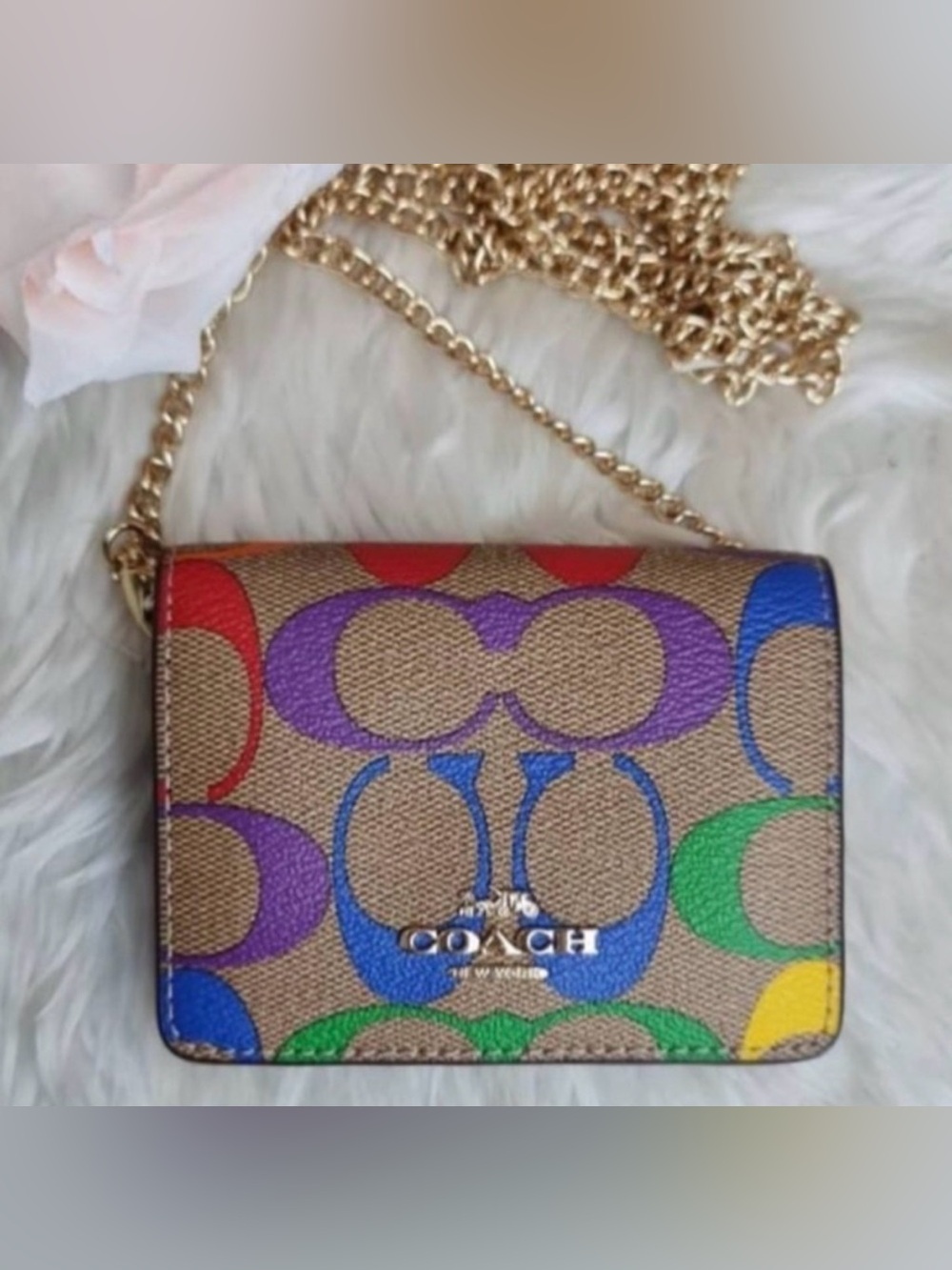 COACH Rainbow Signature canvas convertible mini wallet golden Chain